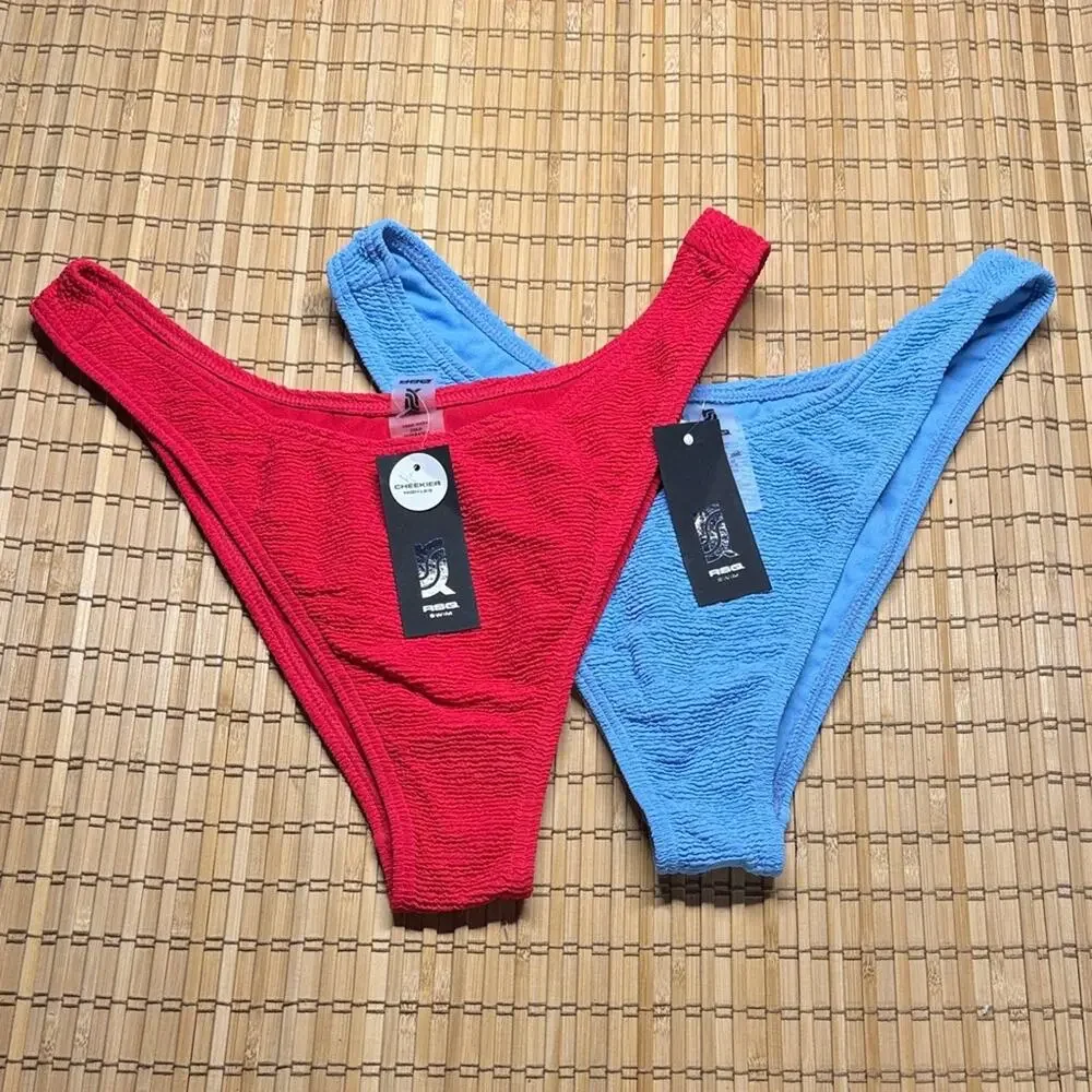 2-RSQ Checkered High Leg Bikini Bottoms in Red and Blue